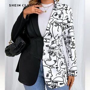 SHEIN Black and White Abstract Face Blazer